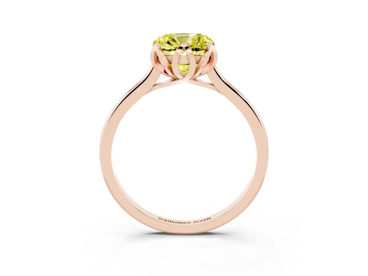 Fancy Yellow Cushion Cut Diamond Solitaire Ring with Flower Prong Setting and Classic Band Rose gold