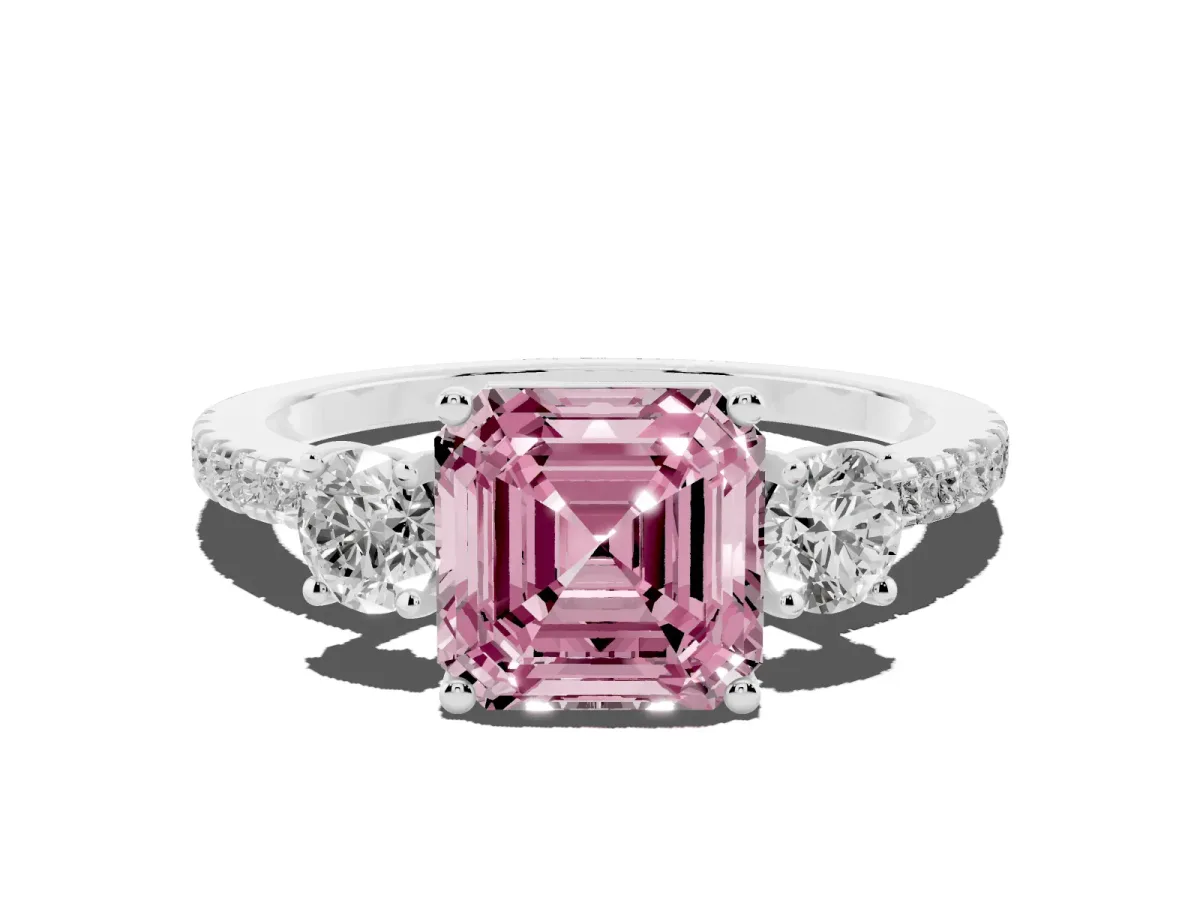 Fancy Pink Three-Stone Asscher Cut Cut Diamond Pavé Band with Prong Setting Silver