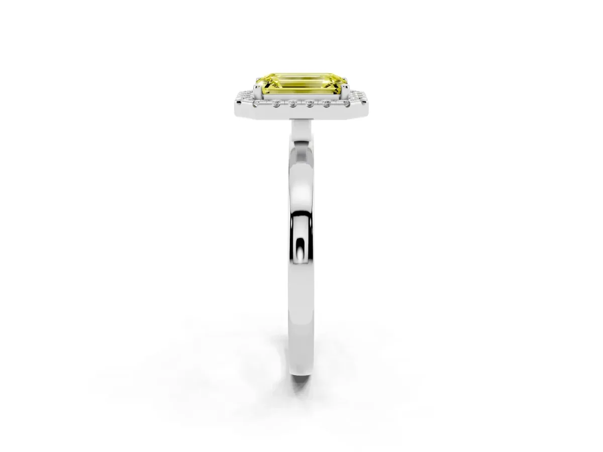 Fancy Yellow Emerald Cut Halo Diamond Solitaire with Pavé Band and Four-Prong Setting Platinum