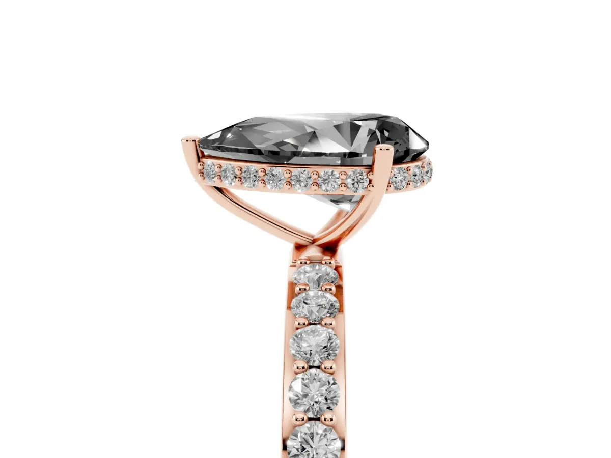 Fancy Black Pear Cut Diamond Solitaire Ring with Pavé Band and Hidden Halo Rose gold