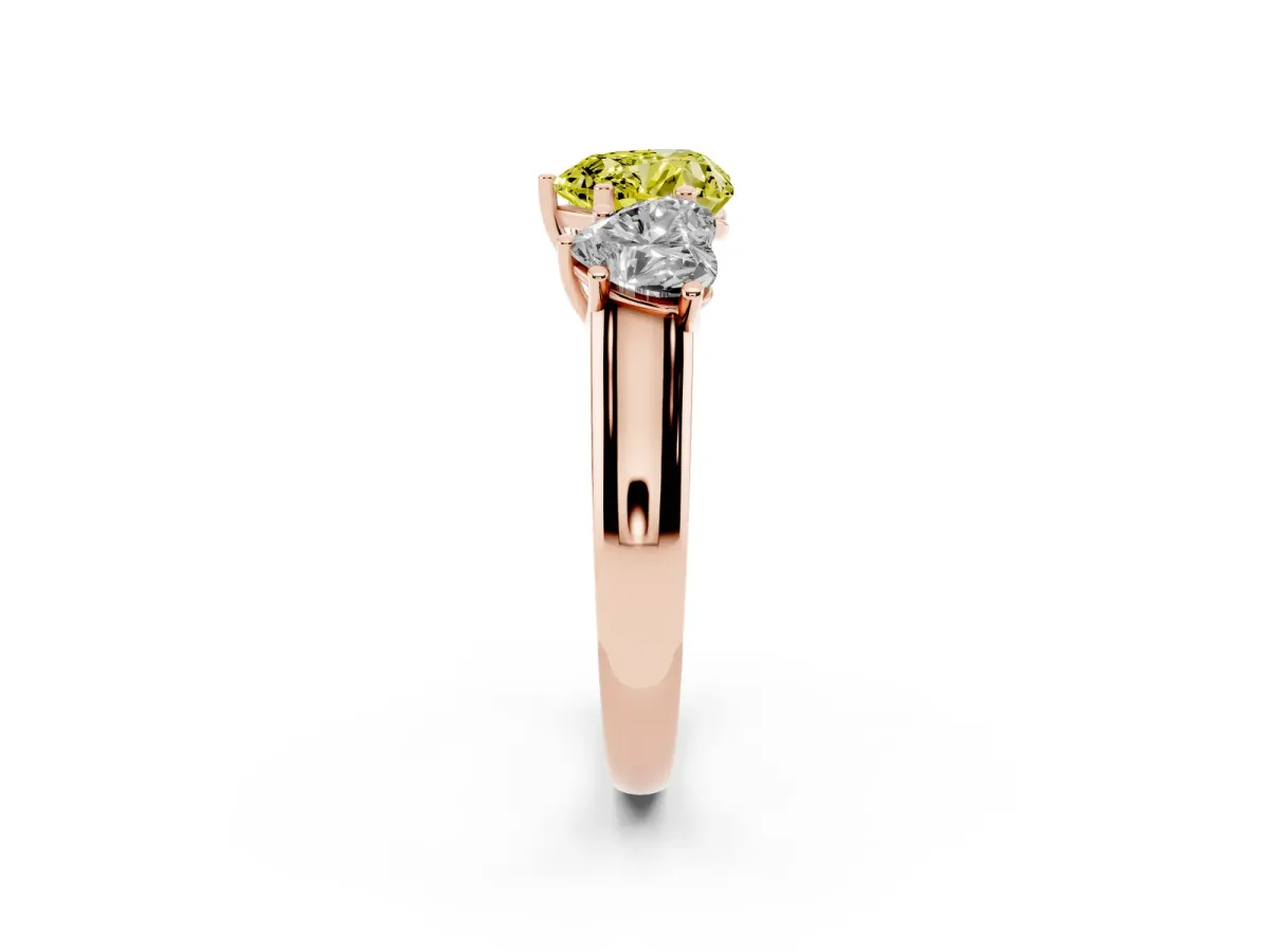 Fancy Yellow Heart Cut Three-Stone Diamond Ring with Prong Setting on a Classic Band Rose gold