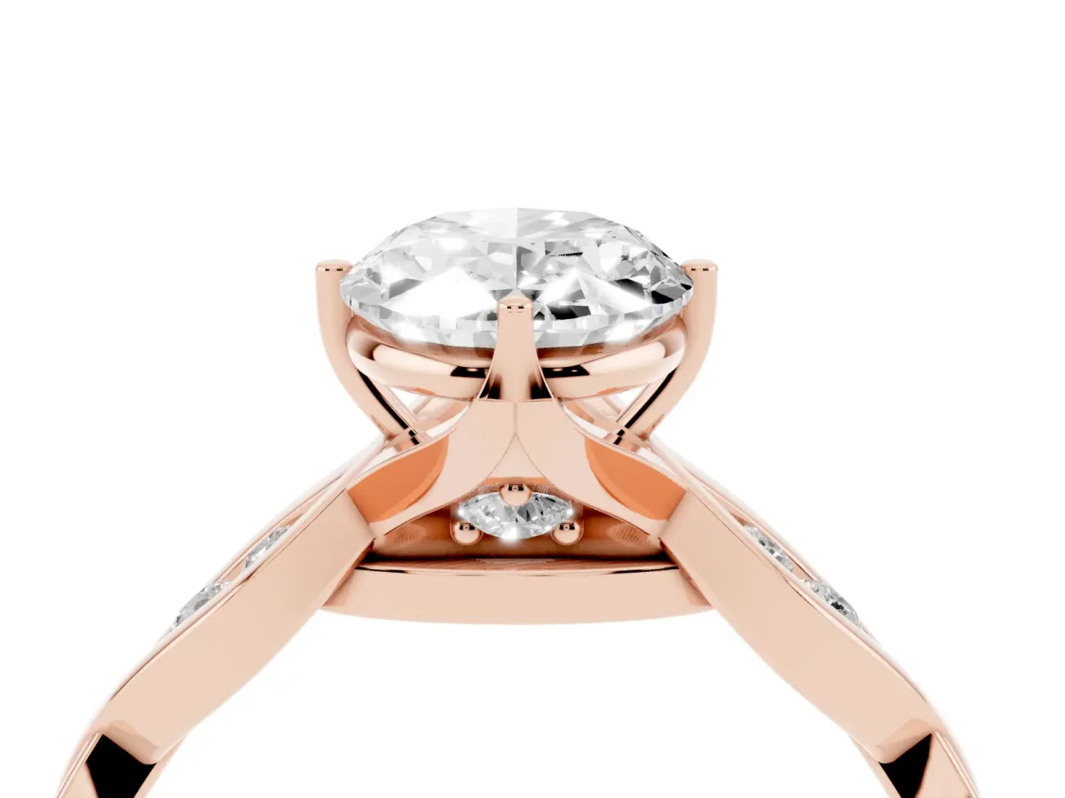 Oval Cut Solitaire Twist Band with Leaf Prong Setting Rose gold
