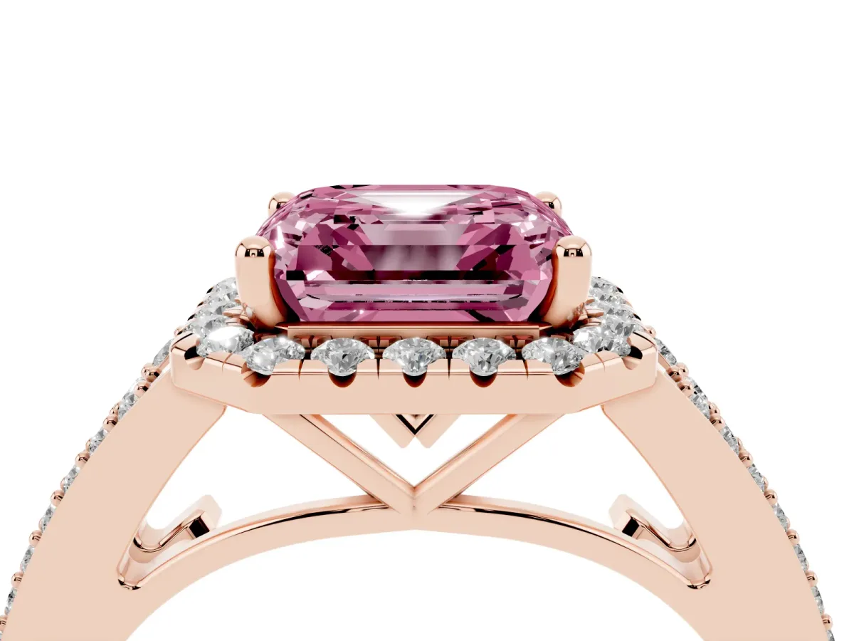Fancy Pink Asscher Cut Halo Split Shank Diamond Ring with Prong Setting Rose gold