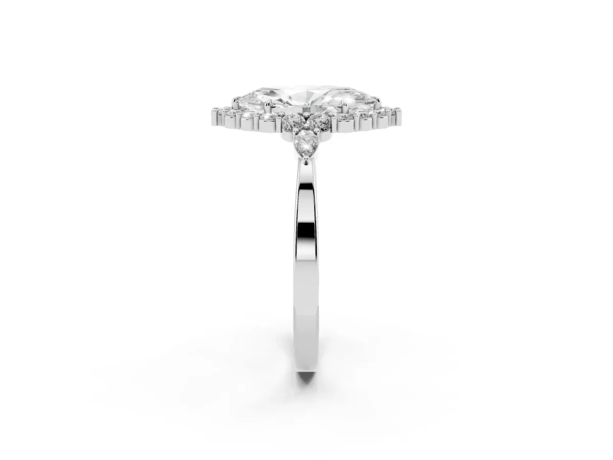 Marquise Cut Diamond Halo Ring with Pear Side Stones and Prong Setting Silver