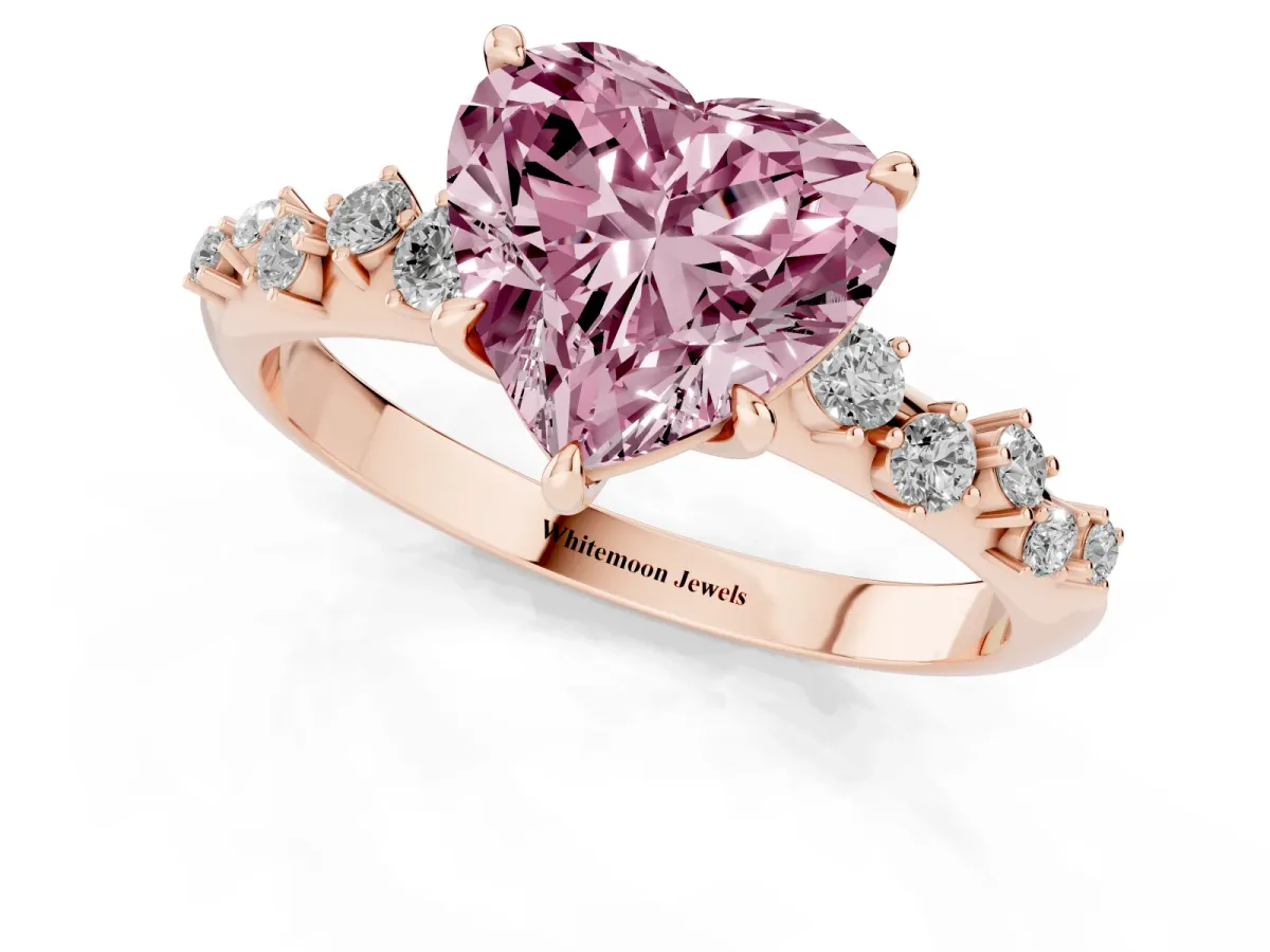 Fancy Pink Heart Cut Diamond Cluster Side Stone Solitaire Ring with Prong Setting Rose gold