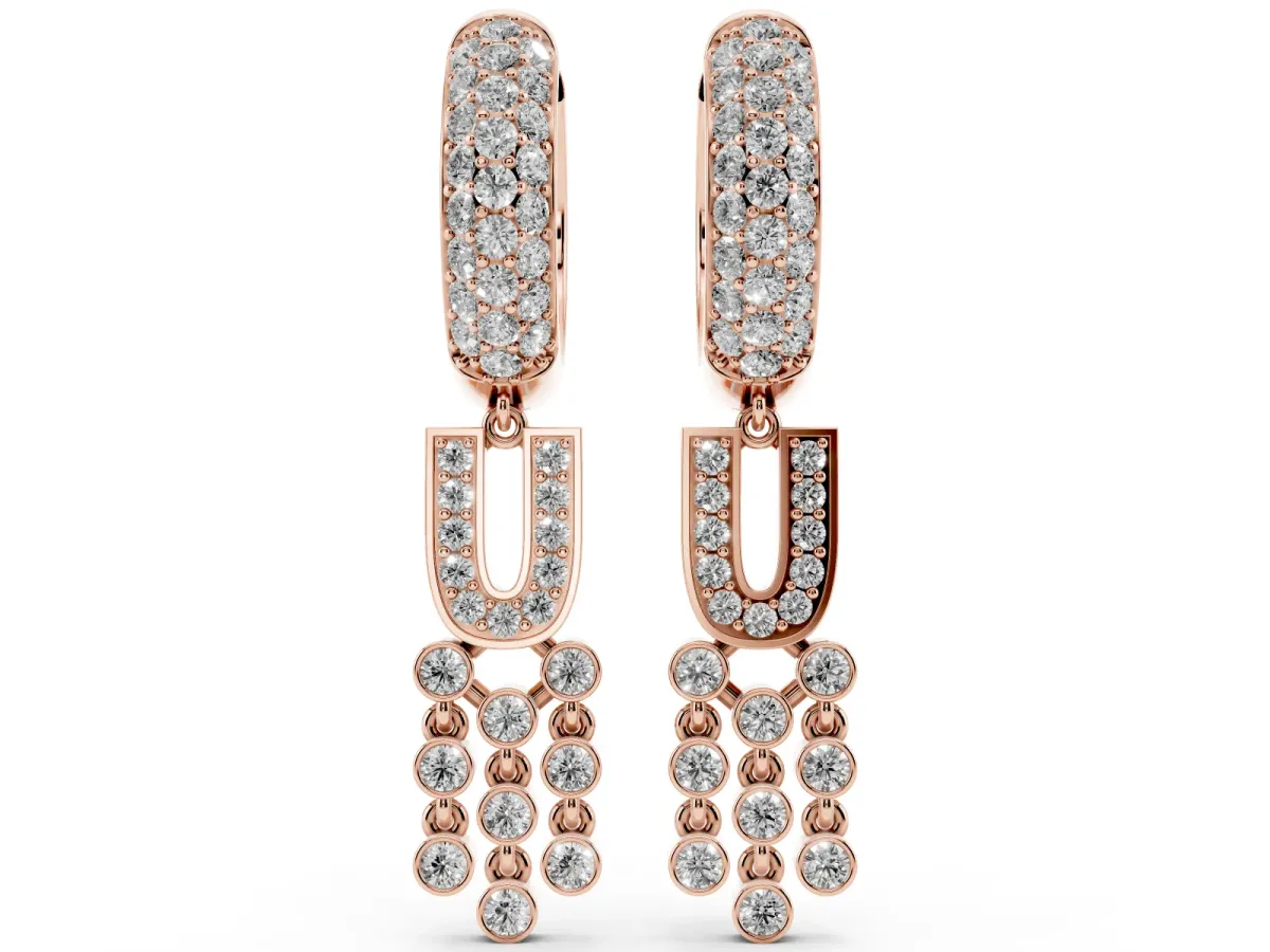 Round Diamond Initial U Huggie Hoop Earrings Rose gold