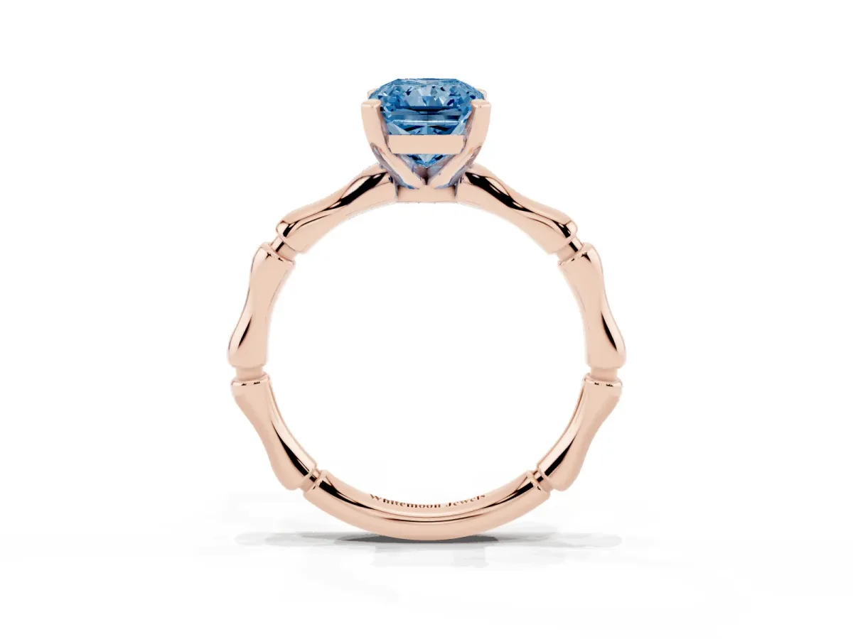 Fancy Blue Radiant Cut Solitaire Diamond Ring with Bamboo Band and Four-Prong Setting Rose gold