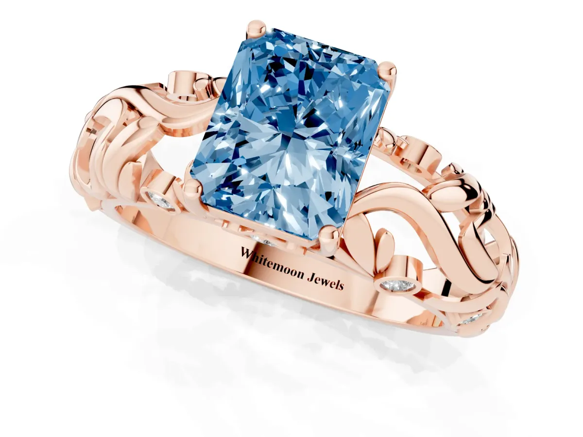 Fancy Blue Radiant Cut Solitaire Diamond Leaf-Inspired Vine Band Ring with Prong Setting Rose gold