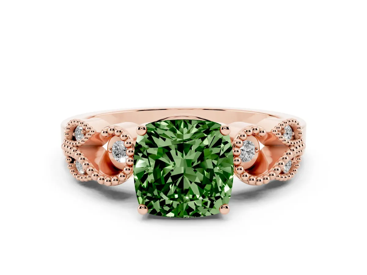 Fancy Green Cushion Cut Solitaire Milgrain Leaf Band with Prong Setting Rose gold
