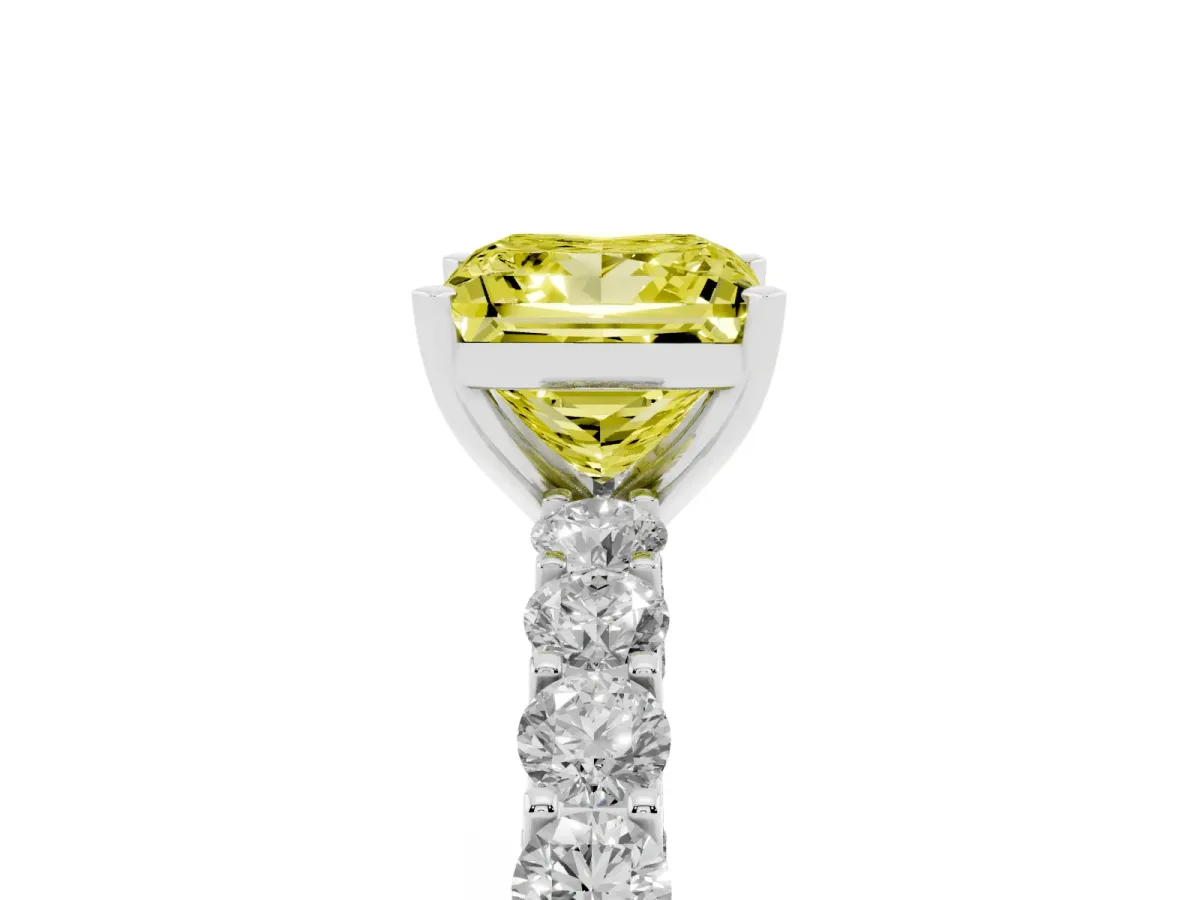 Fancy Yellow Princess Cut Diamond Solitaire Ring with Shared Prong Pavé Band and Four-Prong Setting White gold