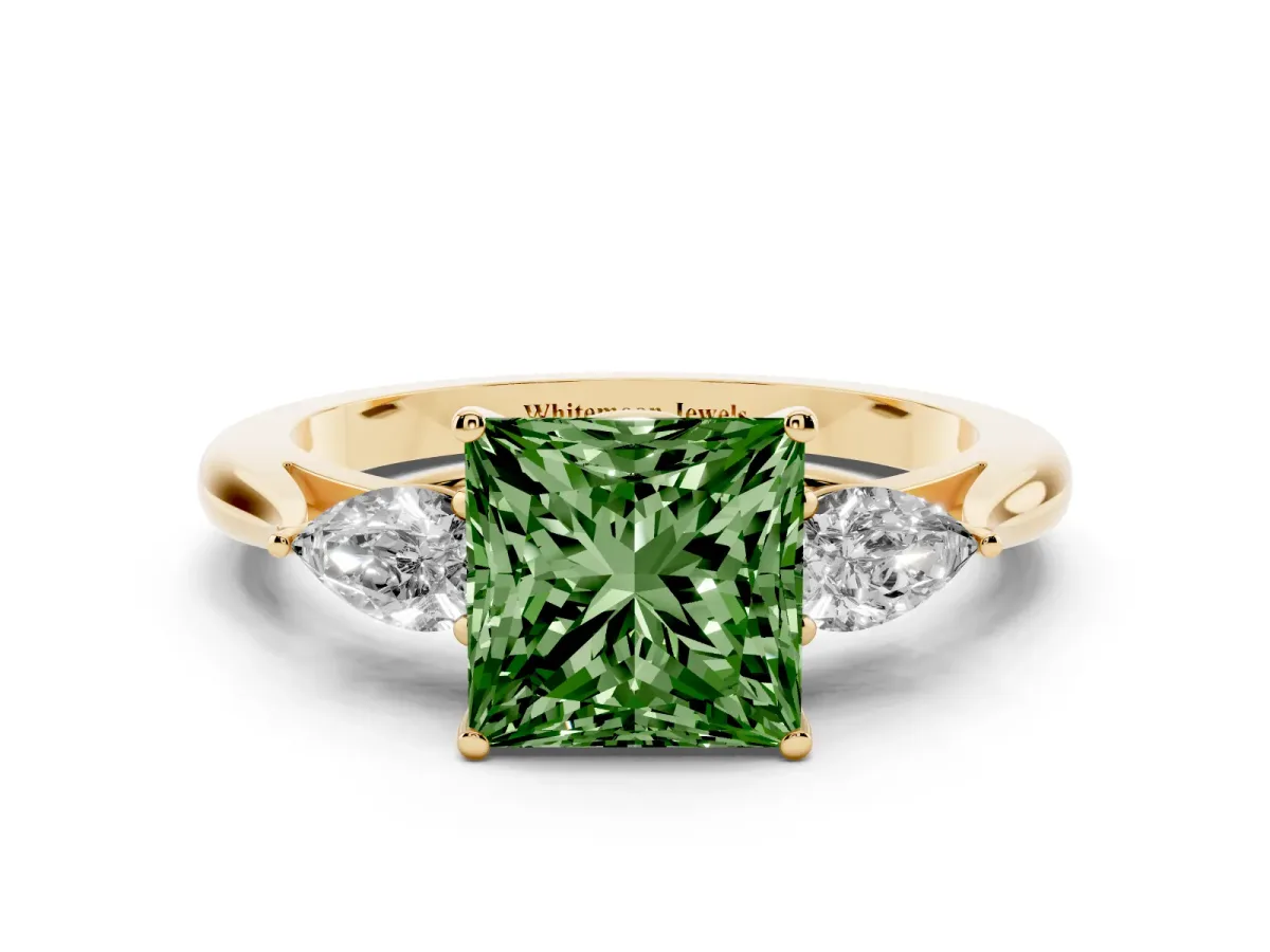 Fancy Green Princess Cut Diamond Three-Stone Ring with Pear Side Stones and Prong Setting Yellow gold