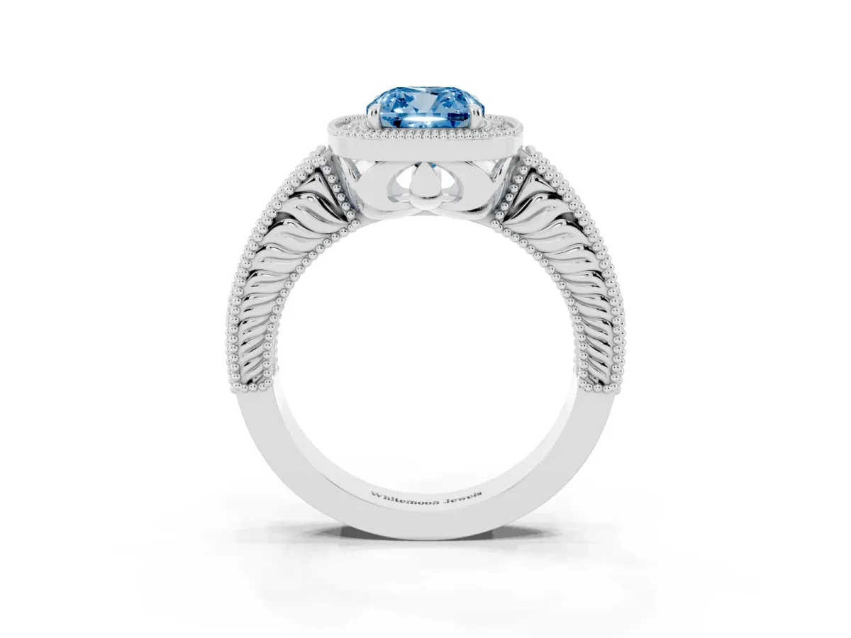 Fancy Blue Cushion Cut Cut Halo Diamond Ring with Pavé Band and Four-Prong Setting Silver