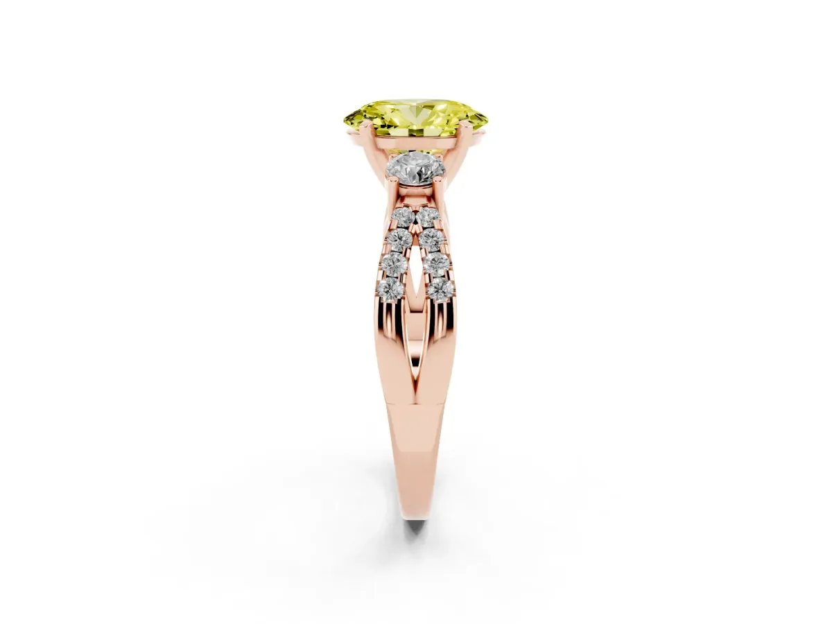 Fancy Yellow Oval Cut Diamond Three-Stone Ring with Pavé Split Shank and Four-Prong Setting Rose gold