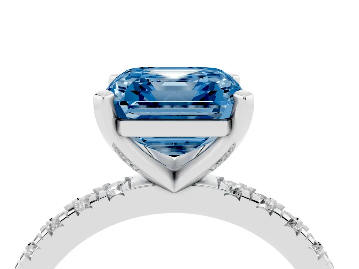 Fancy Blue Asscher Cut Diamond Pavé Band Solitaire with Four-Prong Setting Silver