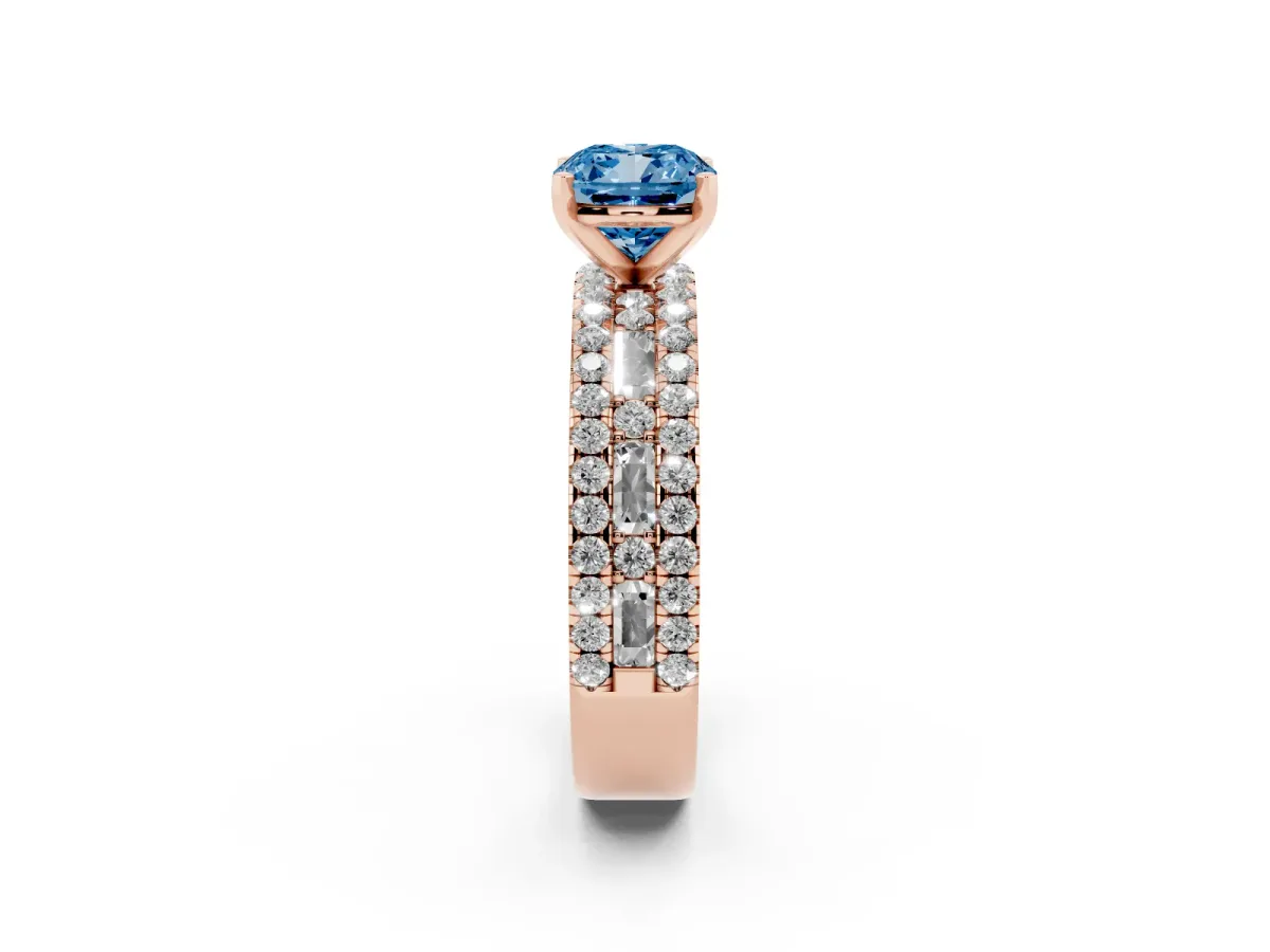 Fancy Blue Cushion Cut Diamond Solitaire Ring with Pavé and Channel Set Band Rose gold