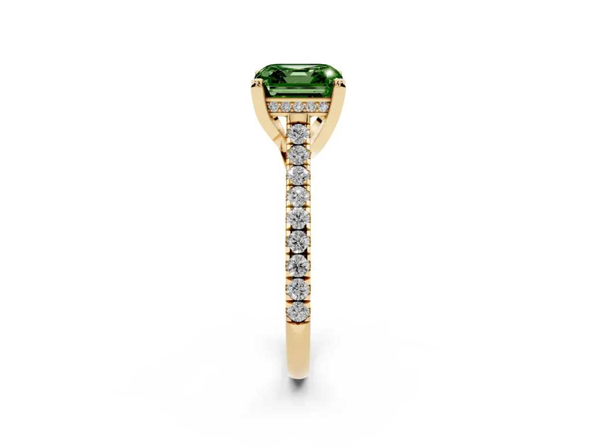 Fancy Green Asscher Cut Brilliant Diamond Solitaire with Pavé Band and Four-Prong Setting Yellow gold