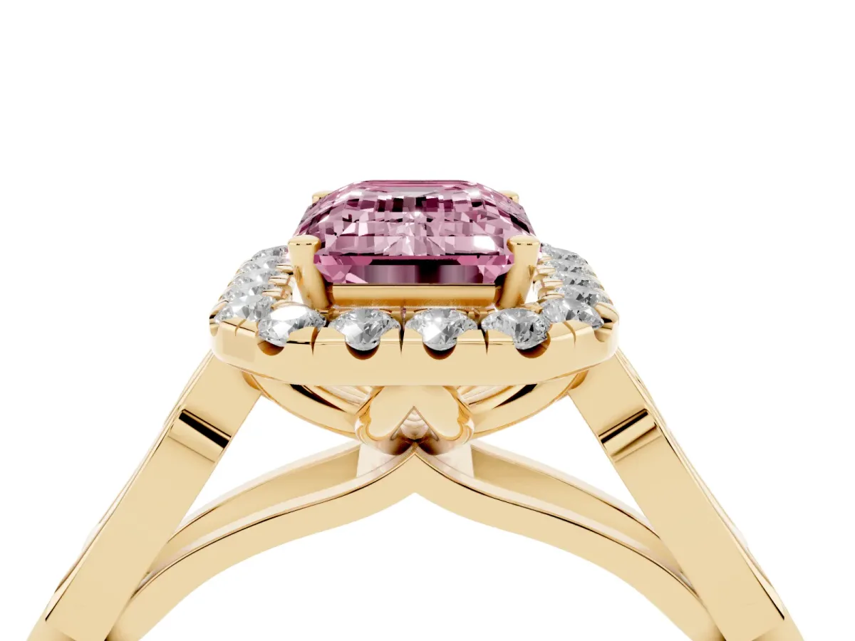 Fancy Pink Emerald Cut Halo Diamond Engagement Ring with Filigree Band and Four-Prong Setting Yellow gold