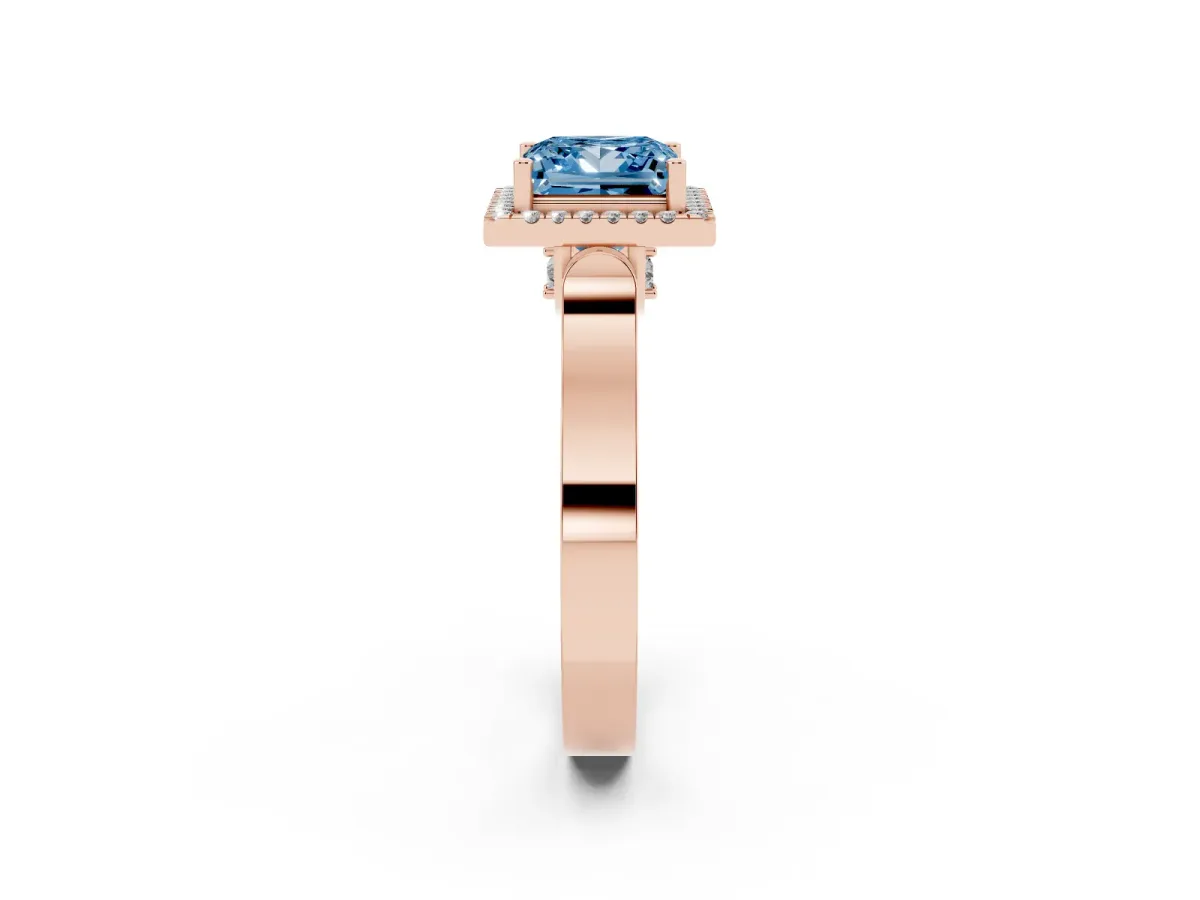 Fancy Blue Princess Cut Halo Round Diamond Twist Band with Four-Prong Setting Rose gold