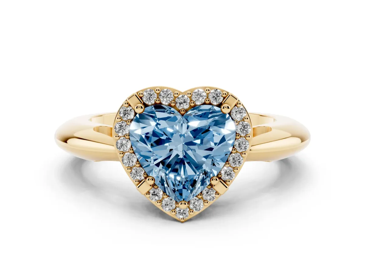 Fancy Blue Heart Cut Cut Diamond Halo Engagement Ring with Split Shank and Four-Prong Setting Yellow gold