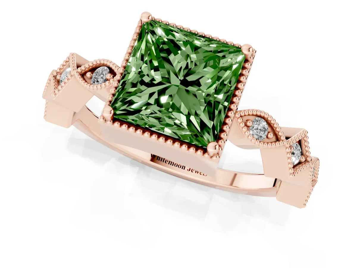 Fancy Green Princess Cut Milgrain Marquise Diamond Twist Band Ring Rose gold