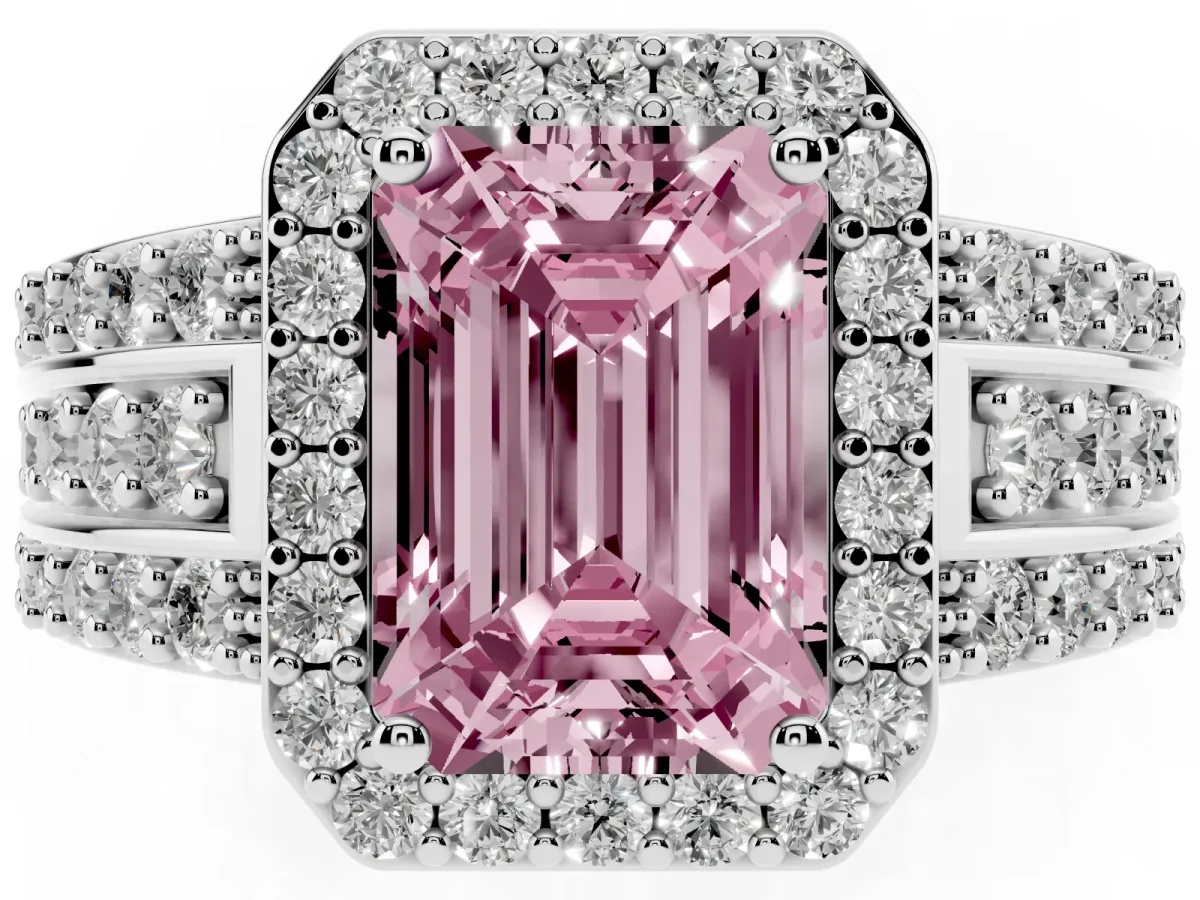 Fancy Pink Emerald Cut Halo Diamond Ring with Round Split Shank and Prong Setting White gold