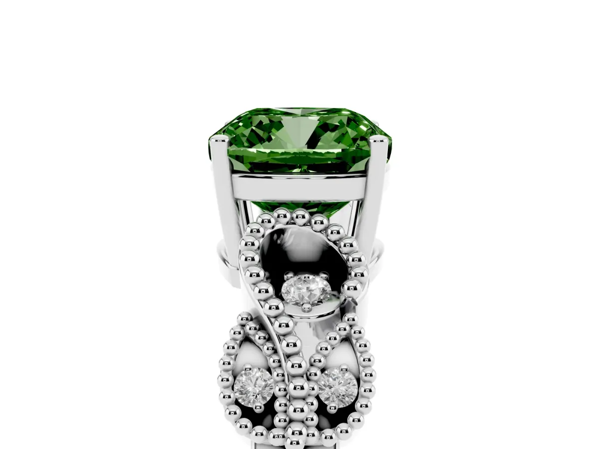 Fancy Green Cushion Cut Solitaire Milgrain Leaf Band with Prong Setting Silver
