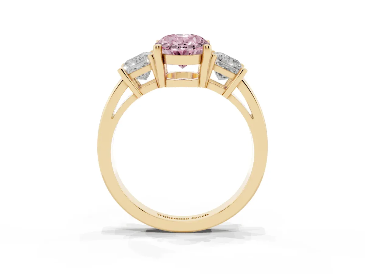 Fancy Pink Three-Stone Oval Cut Cut Solitaire Ring with Prong Setting Yellow gold