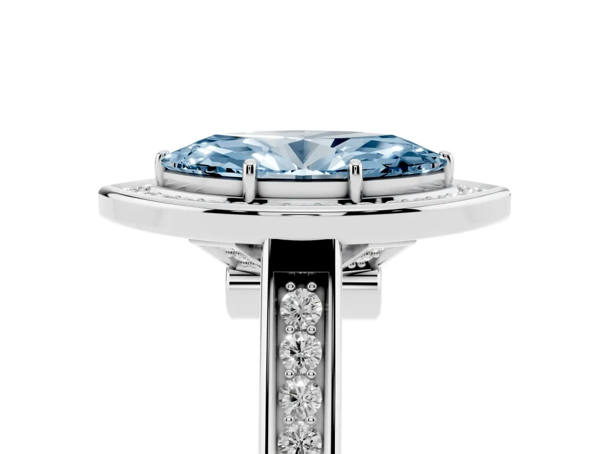 Fancy Blue Marquise Cut Halo Solitaire Diamond Ring with Pave Band and Bezel Setting Silver