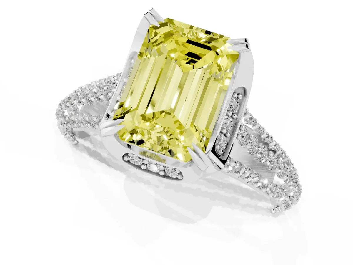 Fancy Yellow Emerald Cut Solitaire Pave Split Shank Ring with Four-Prong Setting Platinum