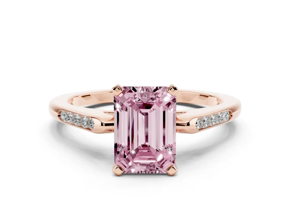 Fancy Pink Emerald Cut Diamond Solitaire Ring with Channel Set Round Band and Prong Setting Rose gold