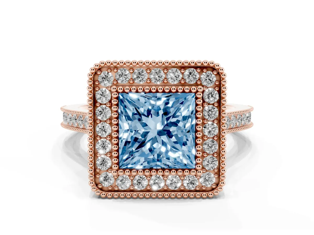 Fancy Blue Princess Cut Diamond Halo Ring with Milgrain Frame and Pavé Band Rose gold