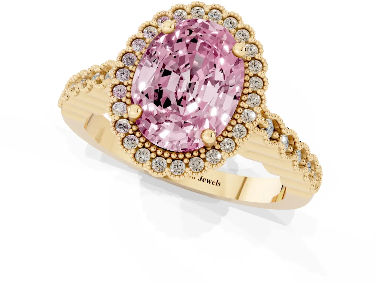 Fancy Pink Oval Cut Cut Halo Pavé Solitaire Ring with Milgrain Band Yellow gold