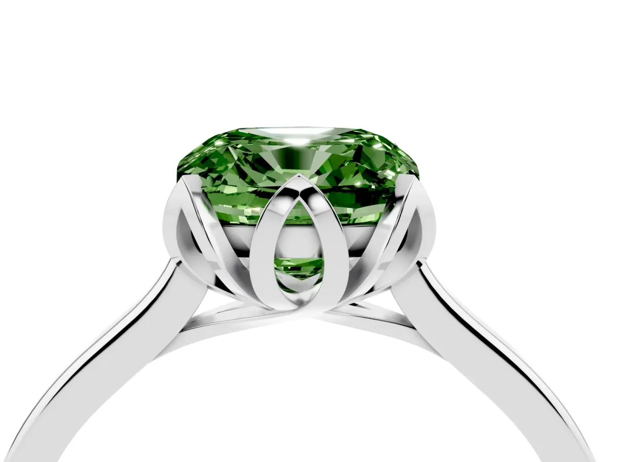 Fancy Green Cushion Cut Diamond Solitaire Ring with Flower Prong Setting and Classic Band Silver