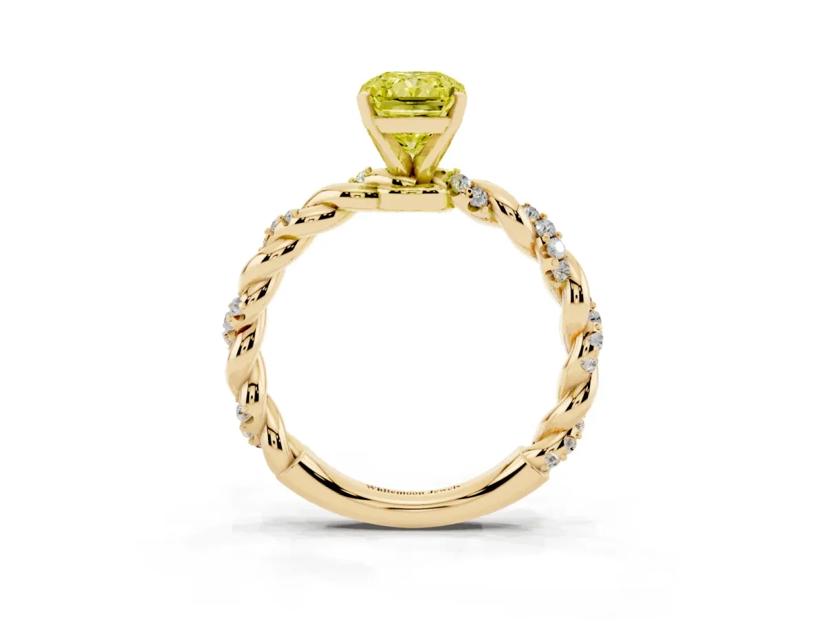 Fancy Yellow Radiant Cut Diamond Solitaire Ring with Twisted Band and Pavé Accents Yellow gold