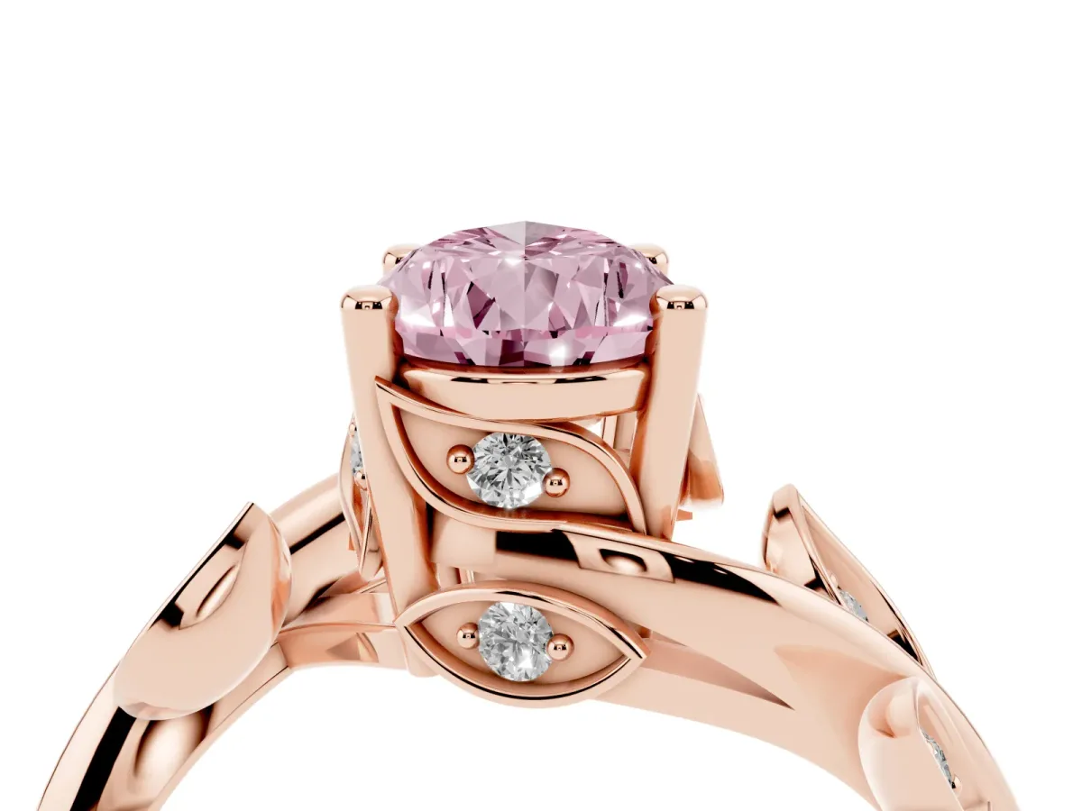 Fancy Pink Pear Cut Solitaire Twist Engagement Ring with Leaf Accents and Prong Setting Rose gold
