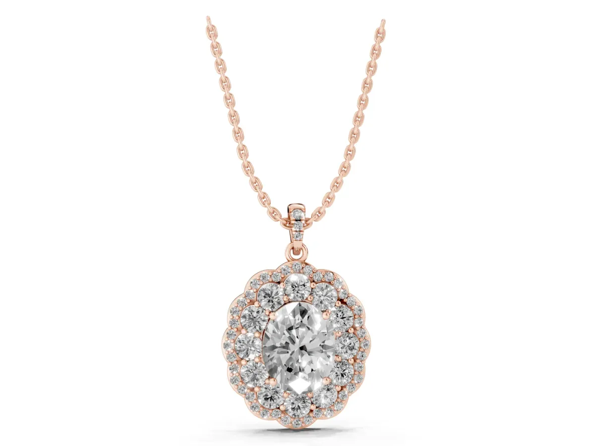 Oval Diamond Floral Halo Pendant with Diamond Accents Rose gold