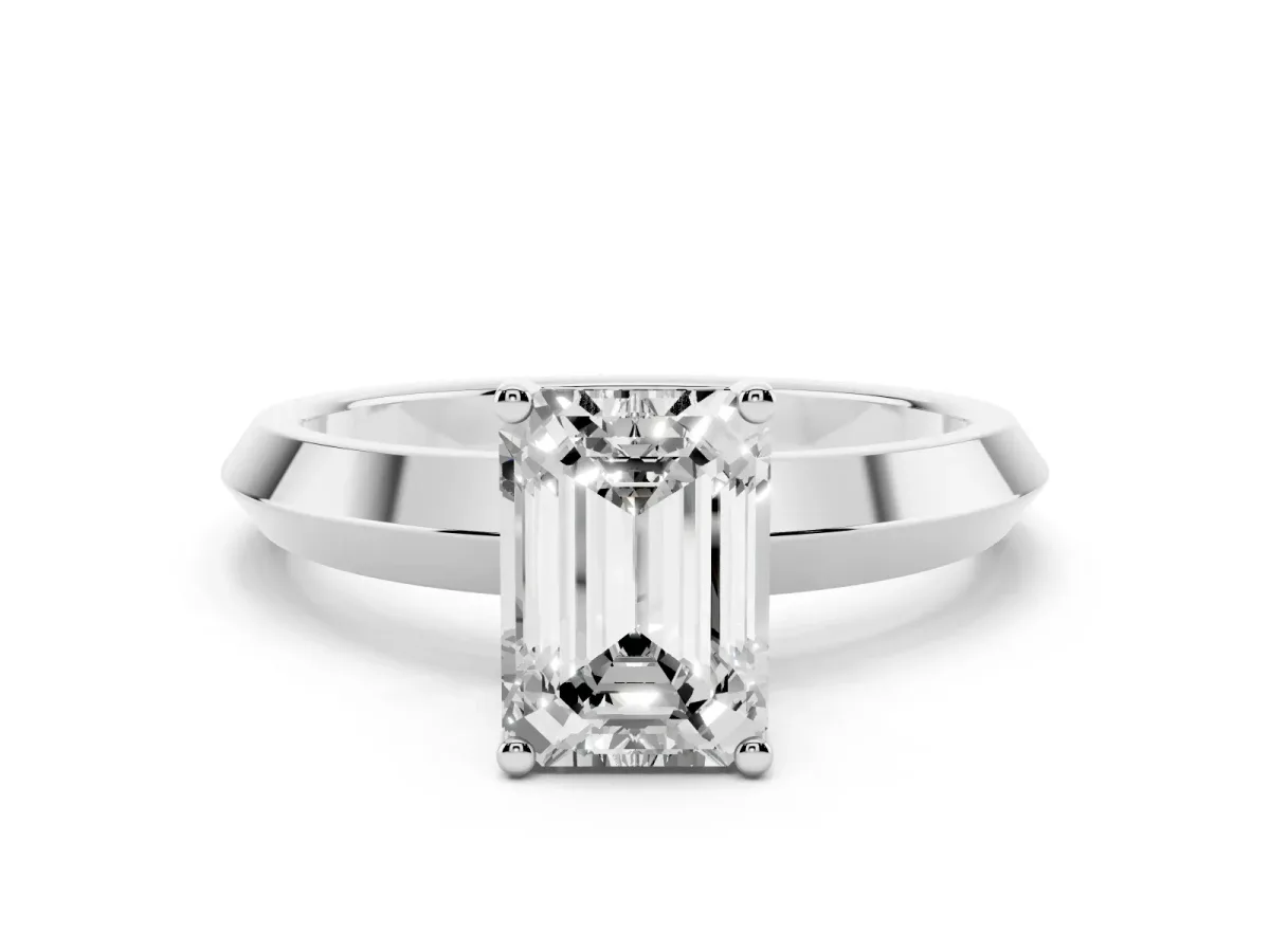 Emerald Cut Cut Solitaire Engagement Ring with Flat Band and Four-Prong Setting Platinum