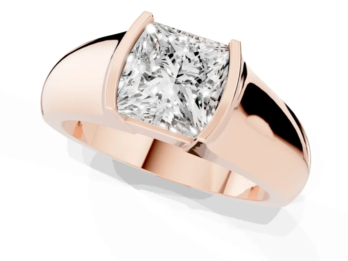 Princess Cut Solitaire Bezel Set Diamond Ring with Wide Band Rose gold