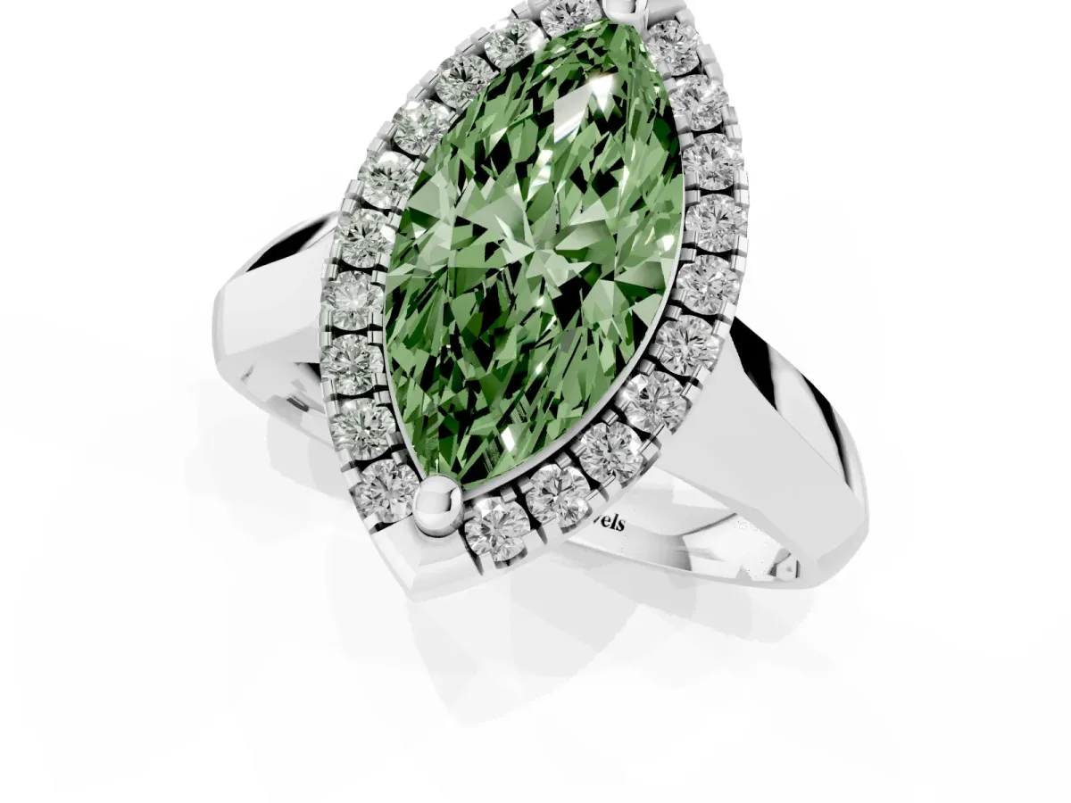 Fancy Green Marquise Cut Cut Halo Solitaire Engagement Ring with Square Band and Four-Prong Setting White gold