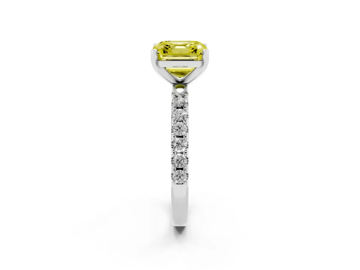 Fancy Yellow Asscher Cut Diamond Solitaire Pavé Band with Four-Prong Setting Silver
