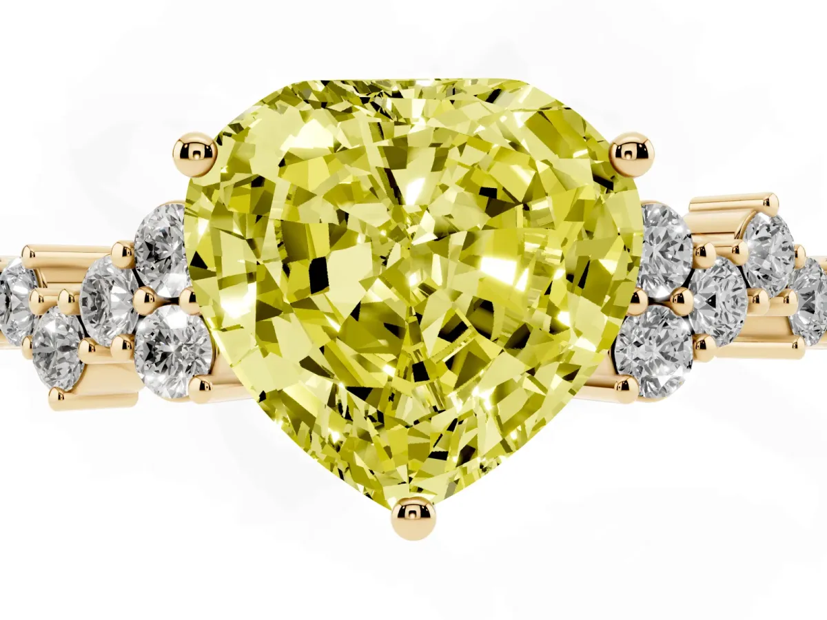 Fancy Yellow Heart Cut Diamond Scattered Round Accent Ring with Prong Setting Yellow gold