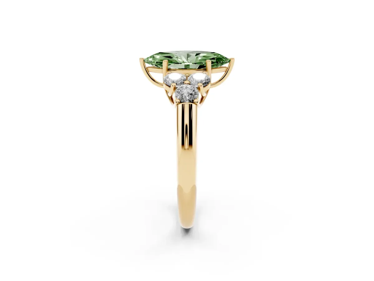 Fancy Green Marquise Cut Cut Diamond Cluster Ring with Round Accent Stones and Prong Setting on a Classic Band Yellow gold