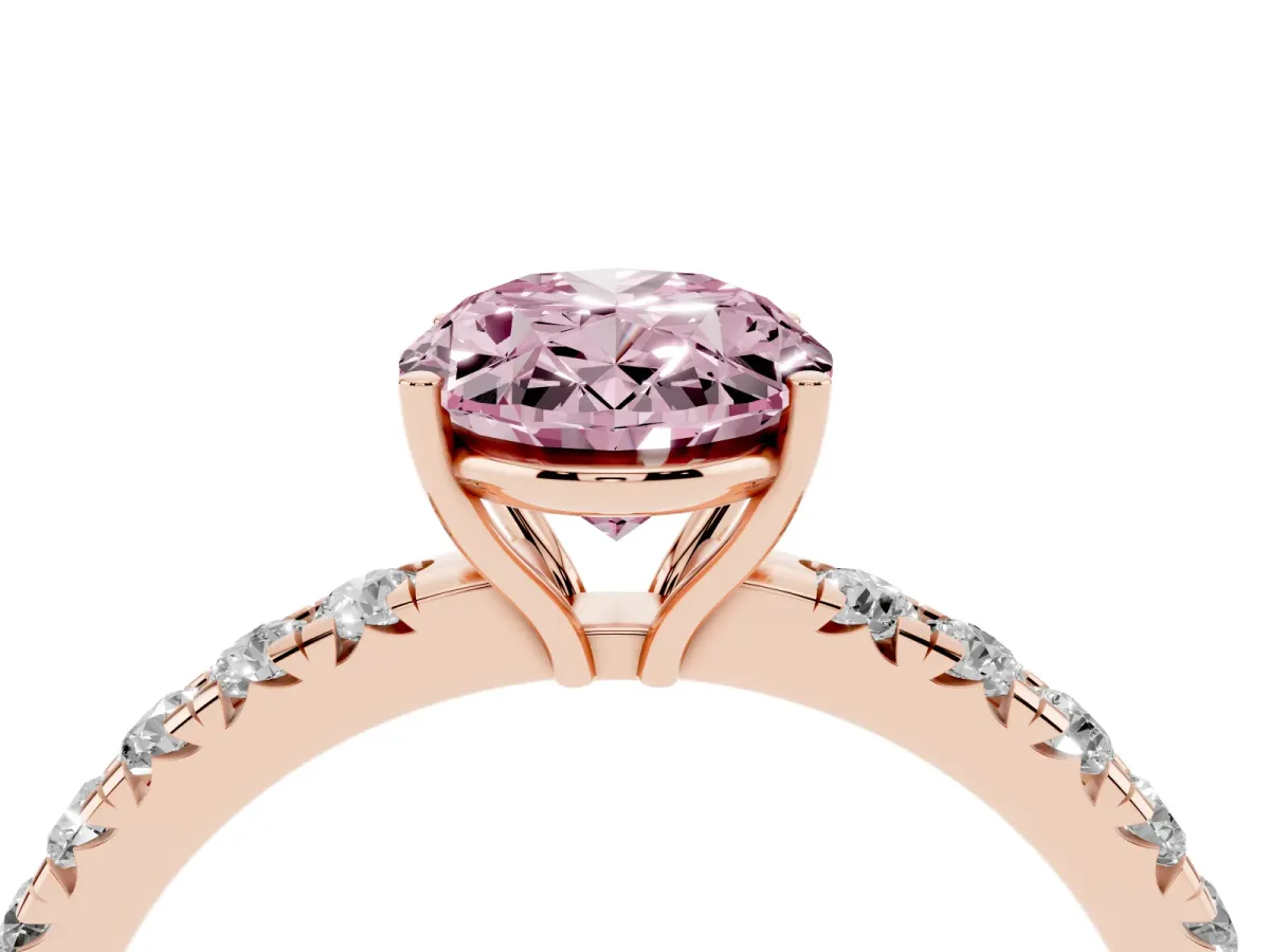 Fancy Pink Oval Cut Diamond Pavé Solitaire Engagement Ring with Four-Prong Setting Rose gold