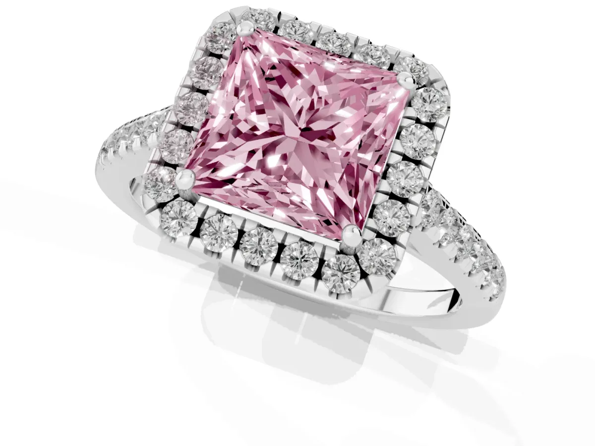 Fancy Pink Princess Cut Halo Pave Diamond Engagement Ring with Four-Prong Setting Silver