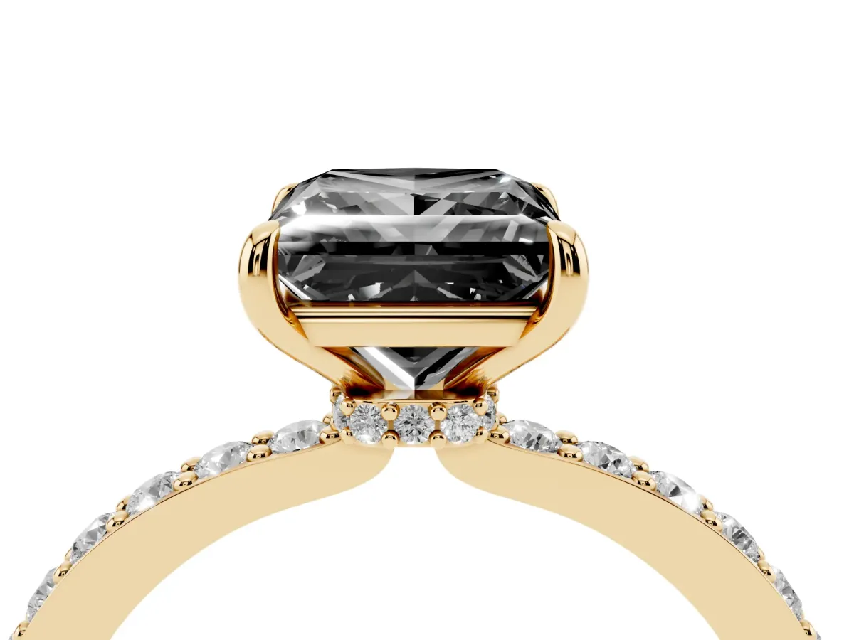Fancy Black Princess Cut Diamond Pavé Engagement Ring with Round Accents and Prong Setting Yellow gold