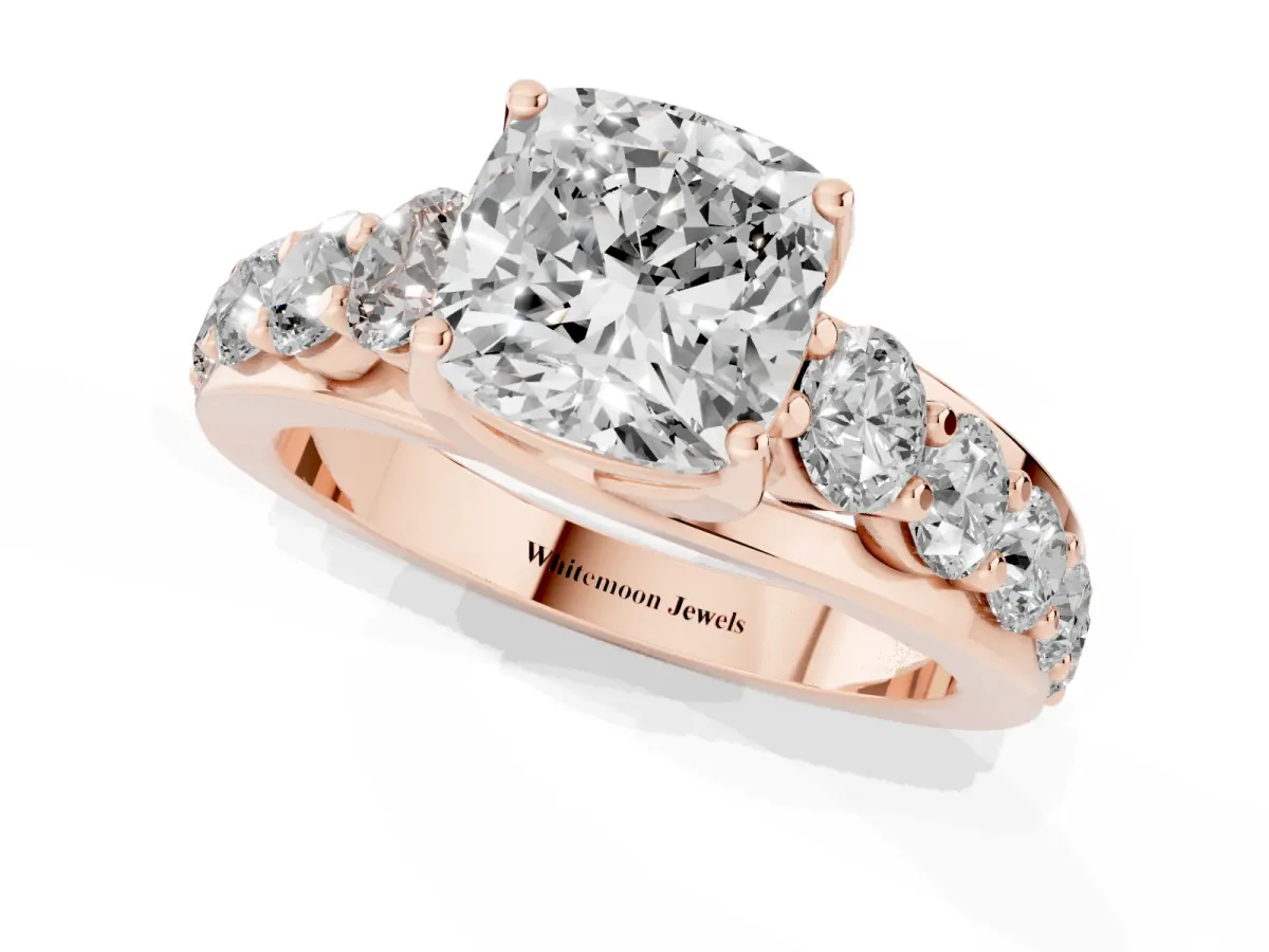 Cushion Cut Diamond Engagement Ring with Pavé Band and Four-Prong Setting Rose gold