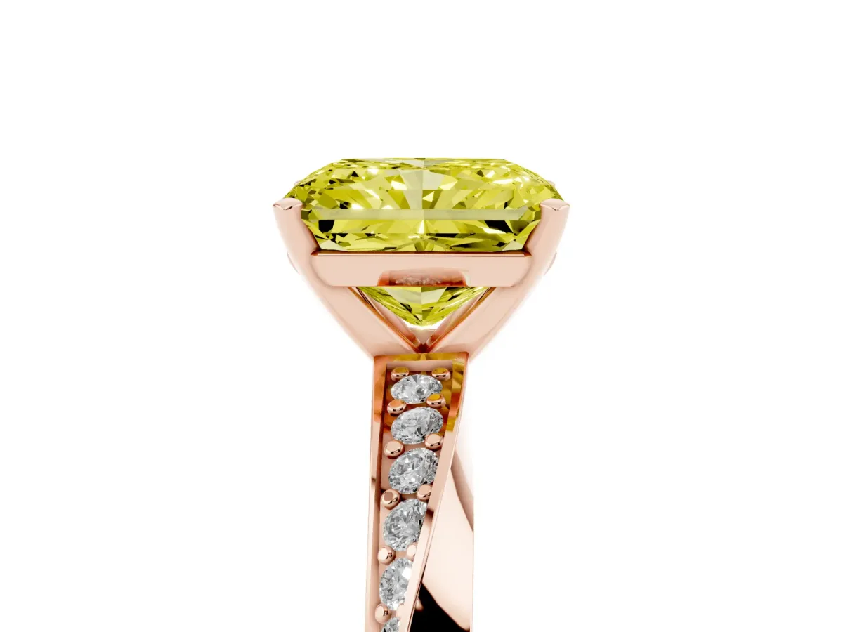 Fancy Yellow Radiant Cut Diamond Engagement Ring with Side Stone Accents and Four-Prong Setting Rose gold
