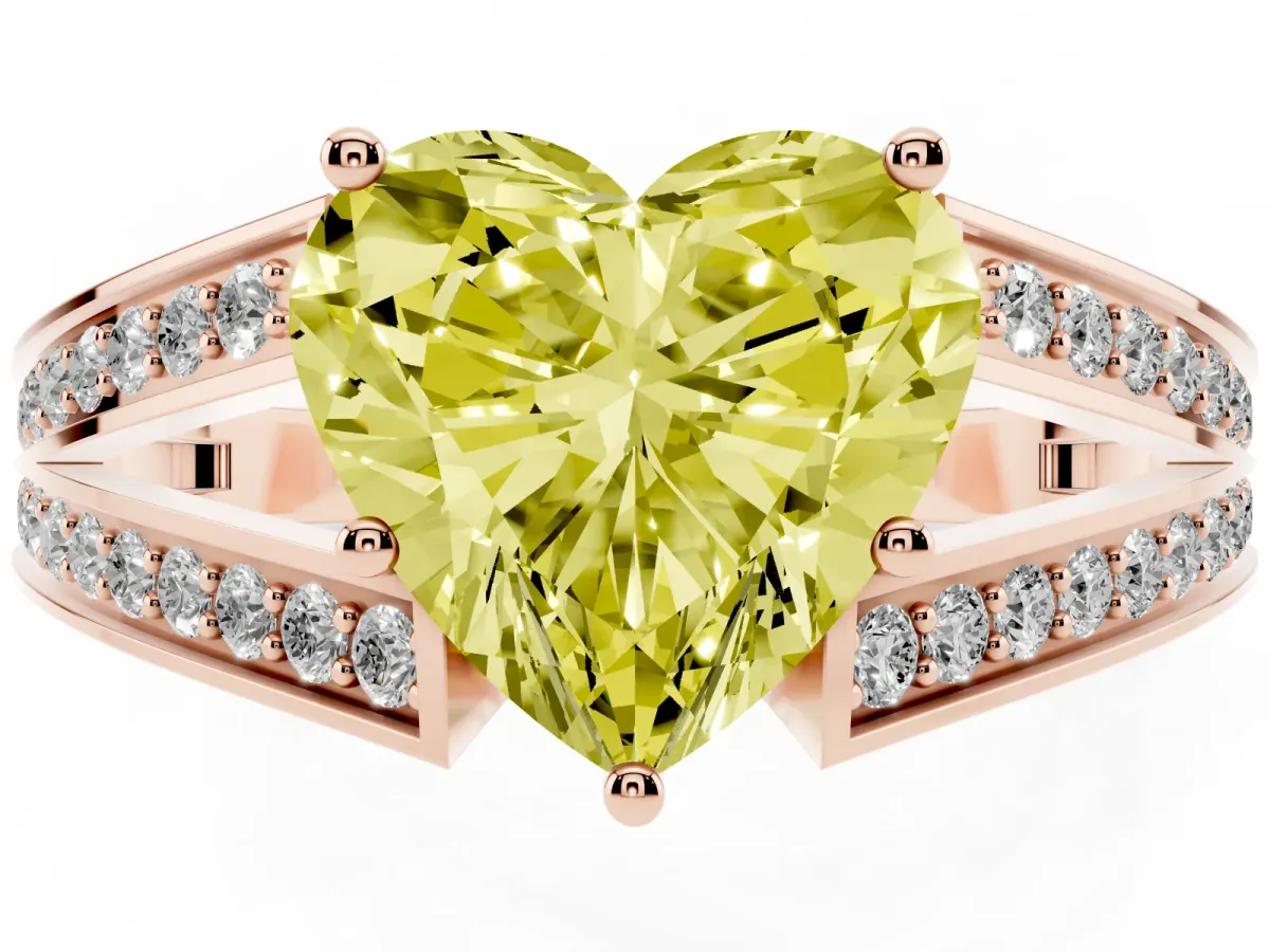 Fancy Yellow Heart Cut Diamond Split Shank Ring with Pavé Band and Four-Prong Setting Rose gold