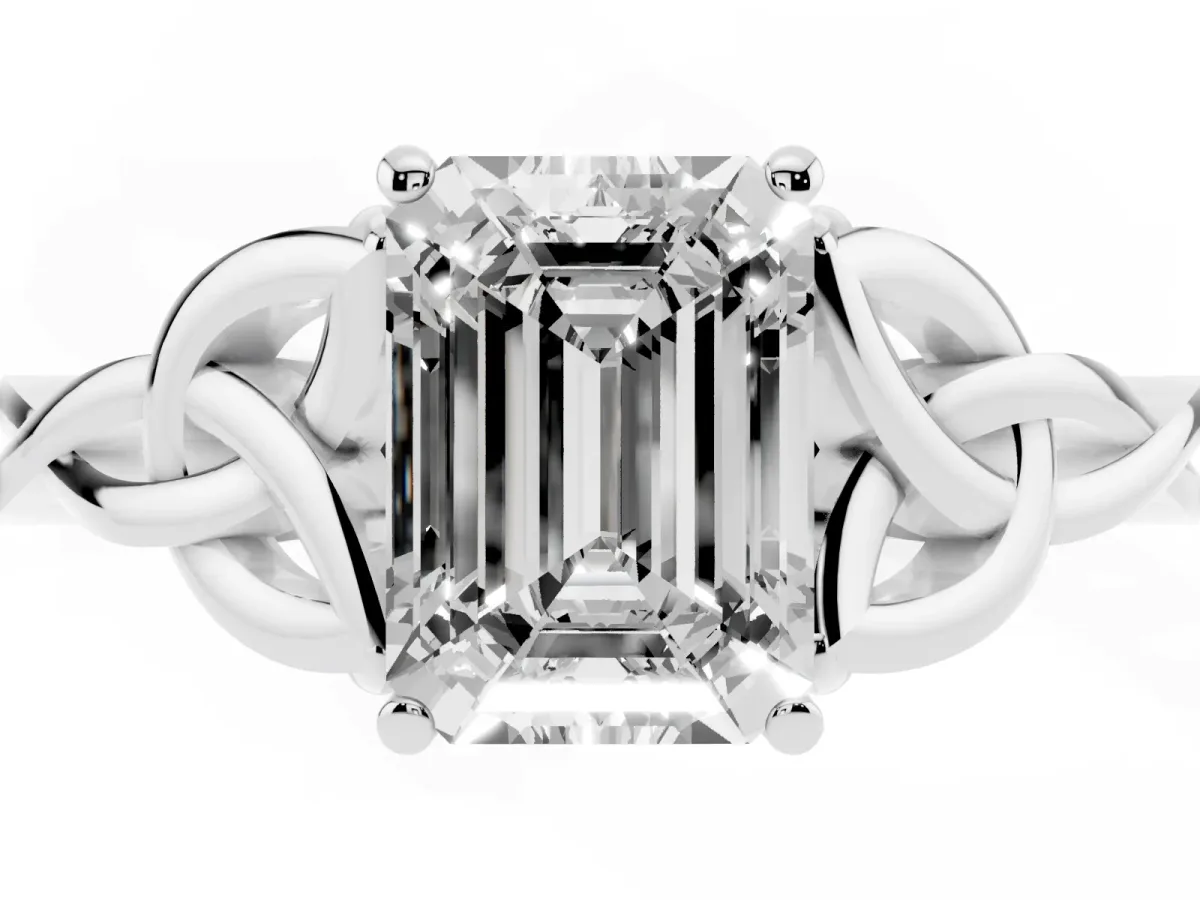 Emerald Cut Diamond Solitaire Engagement Ring with Celtic Knot Band and Four-Prong Setting Silver
