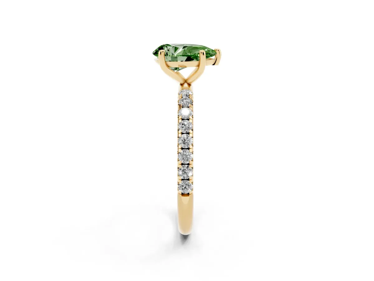 Fancy Green Pear Cut Cut Diamond Solitaire Ring with Micro Pave Band and Four Prong Setting Yellow gold